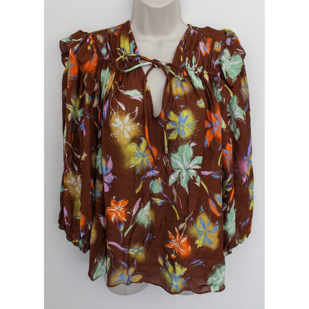 Tanya Taylor Top Womens 1X Brown Floral Silk Blend Pullover Ruffle Tie Neck